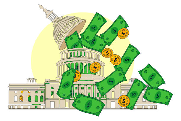 US Congress and Capitol dome in Washington DC with cash money floating over the building, illustrating coronavirus economic stimulus payment and government spending. Vector illlustration US Congress and Capitol dome in Washington DC with cash money floating over the building, illustrating coronavirus economic stimulus payment and government spending. Vector illlustration government designs stock illustrations