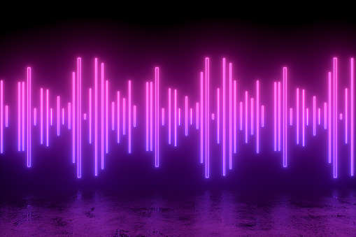 3d rendering of Sound Wave, Finance Chart, Neon Lightning,  Abstract Black Color Background.