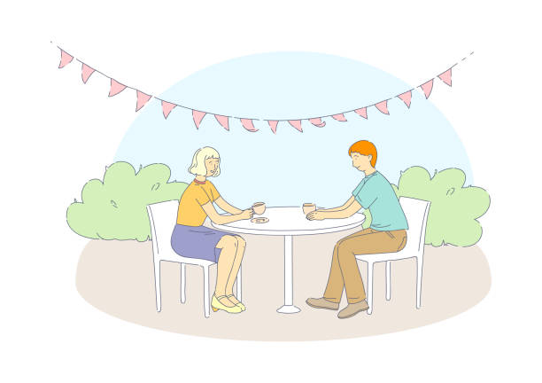 ilustrações de stock, clip art, desenhos animados e ícones de street food festival event. man and woman are sitting at the table drinking coffee. family people resting outdoors in park. city park restaurants flat line vector - child waiting in line in a row party