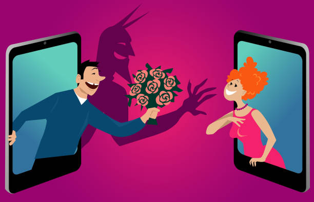 Dangers of on-line dating Man coming out of a smartphone and presenting flowers to a woman, his shadow looks like a devil, metaphor for on-line dating danger, EPS 8 vector illustration internet dating stock illustrations