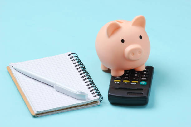 istock Piggy bank, notebook and calculator on blue background. Minimalistic studio shot. 1307867409