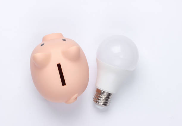 istock Piggy bank and led light bulb on white background. Energy saving. Minimalistic studio shot. Overhead view. Flat lay. 1307869257