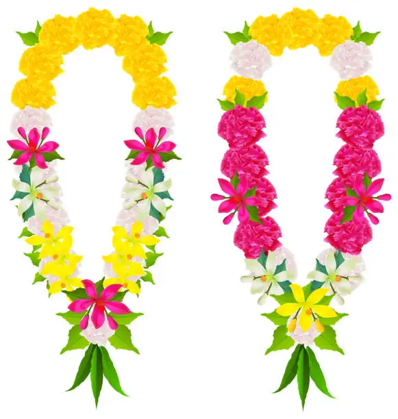 Vector illustration of Indian flower garland mala beads for wedding ceremony. Happy ugadi religious holiday spring new year