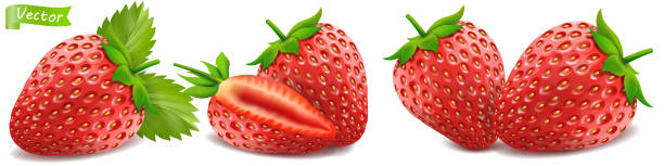 istock Whole strawberry and sliced half strawberry. Set ot fresh red ripe mellow berry on white background. Realistic 3d isolated vector illustration 1307869633