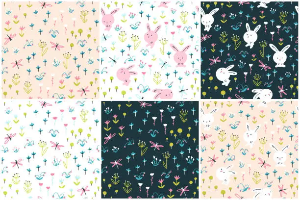 Vector illustration of Rabbits seamless pattern set. Cute characters with flowers and dragonflies. Baby cartoon vector in simple hand-drawn Scandinavian style. Nursery illustration Ideal for baby textiles, fabrics.