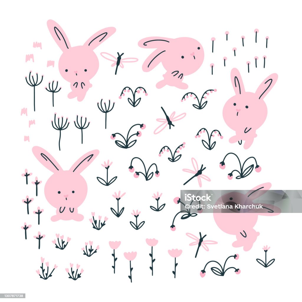 Set Đồ Dễ Thương Với Chú Thỏ Theo Phong Cách Vẽ Tay Ngây Thơ Nhân Vật Hoạt  Hình Trong Các Tư Thế Khác Nhau Với Các Yếu Tố Rừng Của Thiên Nhiên
