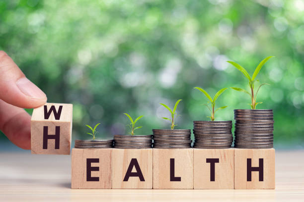 voltear a mano cubo de madera con palabra riqueza a la salud con monedas pila aumentar el valor de crecimiento. inversión en seguros de vida y concepto de salud - capital letter fotos fotografías e imágenes de stock