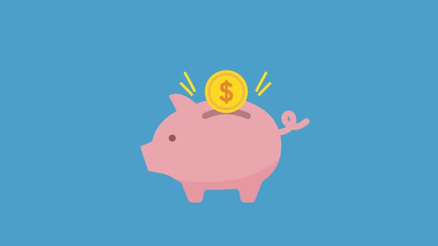 An animation of money going into a piggy bank. The illustration is flat and simple.