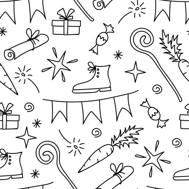 stockillustraties, clipart, cartoons en iconen met eenvoudige hand-drawn zwart-witte vector naadloos patroon. viering van sinterklaasdag, sinterklaas. voor afdrukken van inpakpapier, geschenken, textielproducten. - sinterklaas cadeau