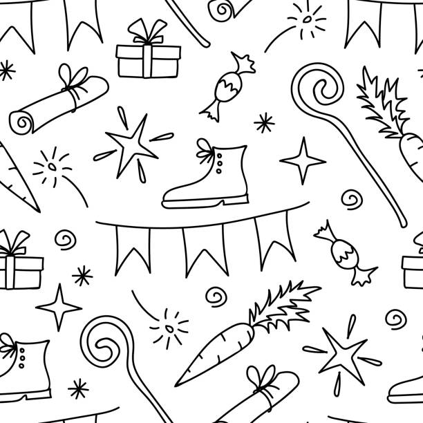 ilustrações de stock, clip art, desenhos animados e ícones de simple hand-drawn black and white vector seamless pattern. celebration of st. nicholas day, sinterklaas. for prints of wrapping paper, gifts, textile products. - carrot seamless food vegetable