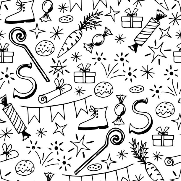 stockillustraties, clipart, cartoons en iconen met eenvoudige hand-drawn zwart-witte vector naadloos patroon. viering van sinterklaasdag, sinterklaas. voor afdrukken van inpakpapier, geschenken, textielproducten. - sinterklaas cadeau