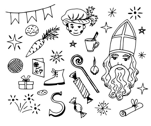 Hand-drawn black outline vector set. Ink drawing, sketch. Elements for the decoration of the traditional holiday, St. Nicholas Day, New Year, Christmas. Sinterklaas, Dutch Santa Claus, gifts. Hand-drawn black outline vector set. Ink drawing, sketch. Elements for the decoration of the traditional holiday, St. Nicholas Day, New Year, Christmas. Sinterklaas, Dutch Santa Claus, gifts. sinterklaas nederland stock illustrations