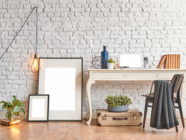 istock modern home interior study room with white brick wall and old suitcase 1307877370