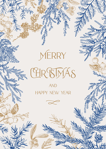 Forest christmas frame. Vector botanical illustration. Blue and gold.