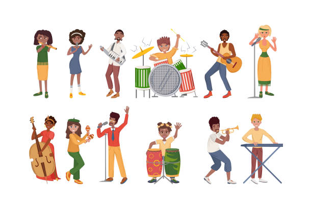 illustrations, cliparts, dessins animés et icônes de les gens jouant des instruments de musique ensemble. afro-américains, européens, musiciens jouant des instruments de musique : batterie, guitare, saxophone, flûte, contrebasse. batteur, claviériste, chanteurs - black bass illustrations