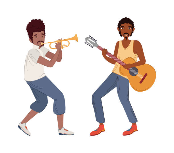 illustrations, cliparts, dessins animés et icônes de les gens jouant des instruments de musique ensemble. hommes afro-américains jouant la guitare et la trompette ensemble vecteur de dessin animé - black bass illustrations