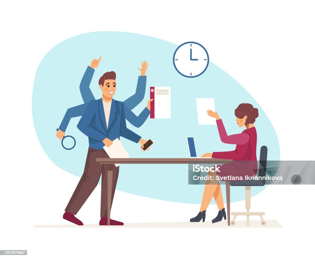 Multitasking And Time Management Office Worker Employee With Many Hands ...