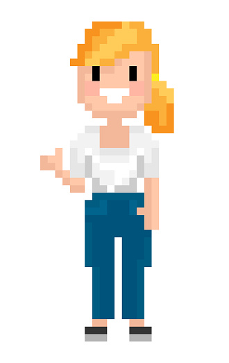 Character of 8 bit game vector, isolated woman pixel personage with ponytail and smile on face, smiling blond lady, flat style design of female person