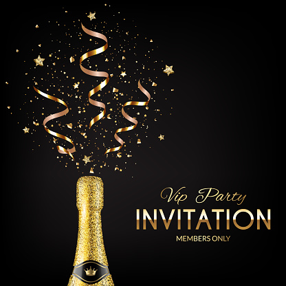 Vip party invitation with glitter champagne bottle with gold ribbon and confetti.