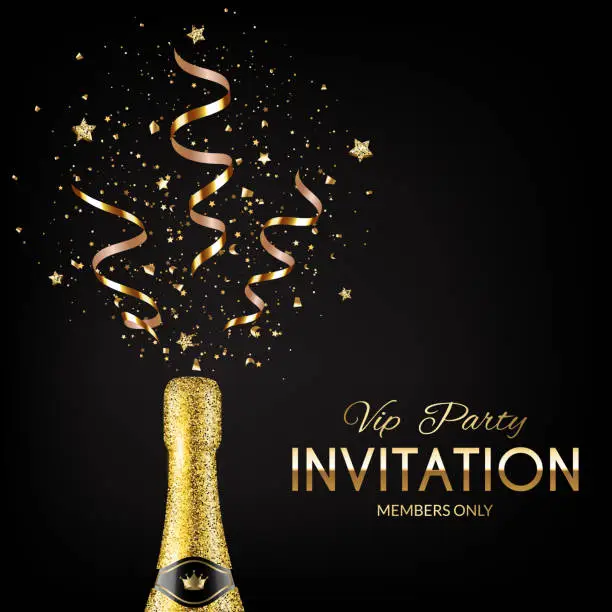 Vector illustration of Vip party invitation with glitter champagne bottle.