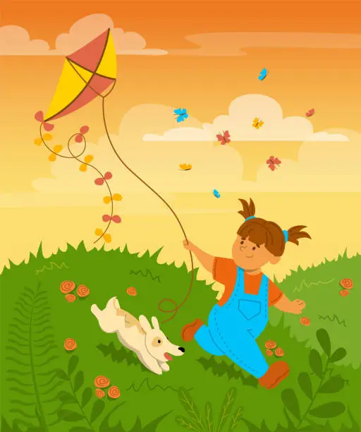 Vector illustration of Happy little child playing with a kite