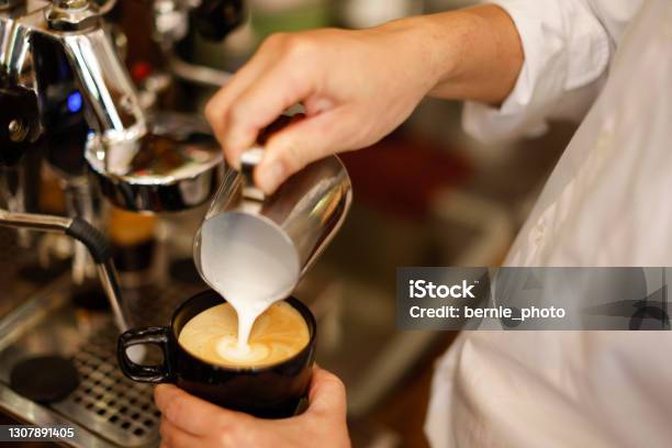 Barista Hand Making Cappuccino Coffee Stock Photo - Download Image Now - Cafe, Bar - Drink Establishment, Cappuccino