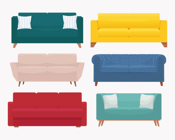 소파 세트. 세련된 현대 아늑한 소파의 컬렉션. 흰색 배경에 격리 된 플랫 스타일의 벡터 그림 - couch stock illustrations