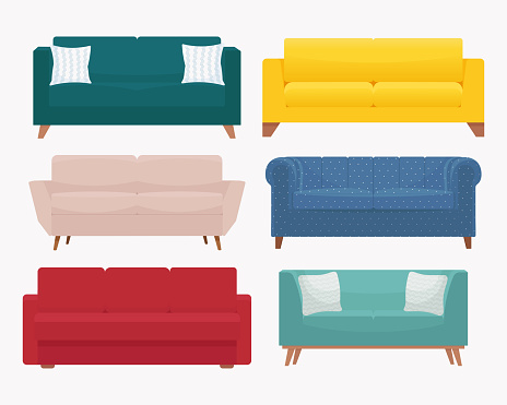 Sofa set. Collection of stylish modern cozy couch. Vector illustration in flat style, isolated on white background
