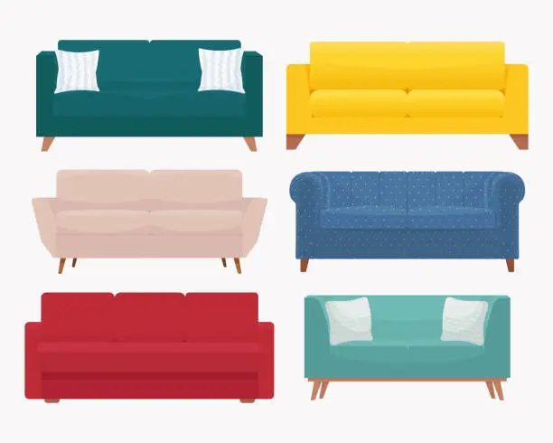Vector illustration of Sofa set. Collection of stylish modern cozy couch. Vector illustration in flat style, isolated on white background
