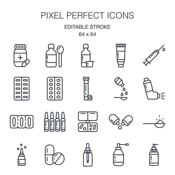 Pharmaceutical dosage forms editable stroke outline icon pack isolated on white background vector illustration. Pixel perfect. 64 x 64. Pharmaceutical dosage forms editable stroke outline icon pack isolated on white background vector illustration. Pixel perfect. 64 x 64. nasal spray stock illustrations