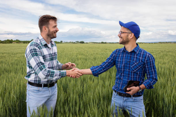 istock Two farmers making agreement with handshake in green wheat field. 1307902170