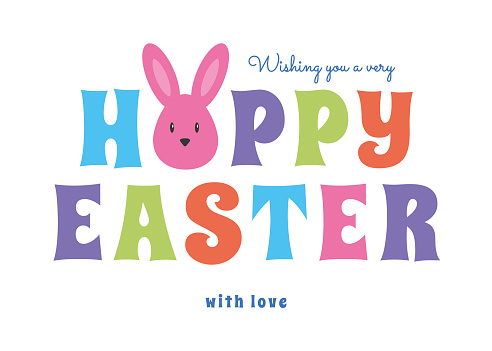 Easter greeting card with cute bunny. Hoppy Easter holiday card template. Vector illustration. Stock illustration