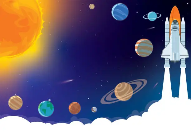 Vector illustration of Space horizontal background with rocket, planets, cosmonaut and copy space for your text in cartoon style. Concept banner with the solar system for your design.