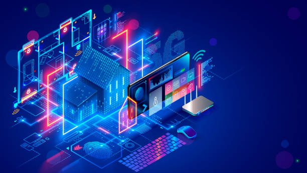 Smart home. Internet of things. Phone app control IOT through 5g internet connection. Smart home system develop. Internet of things. Engineering design digital infrastructure of house, configuration scripting of work smart devices. Phone app control IOT through 5g internet connection. computer settings screen stock illustrations