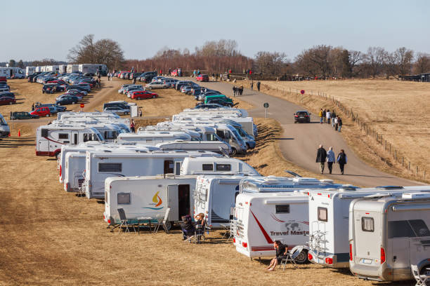 Stopover for motorhomes and caravans by lake Hornborgasjön in Sweden Hornborgasjön, Sweden - April 04, 2017: Stopover for motorhomes and caravans by lake Hornborgasjön in Sweden stopover stock pictures, royalty-free photos & images