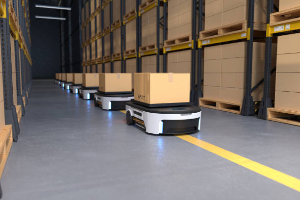 istock Autonomous Robot transportation in warehouses, Warehouse automation concept 1307908058