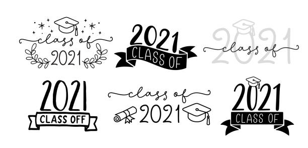 CLASS OF 2021 set of graduation logo with cap and diploma for high school, college graduate CLASS OF 2021 set of graduation logo with cap and diploma for high school, college graduate. Template for graduation design, party. Hand drawn font for yearbook class of 2021. Vector illustration. 2021 background stock illustrations