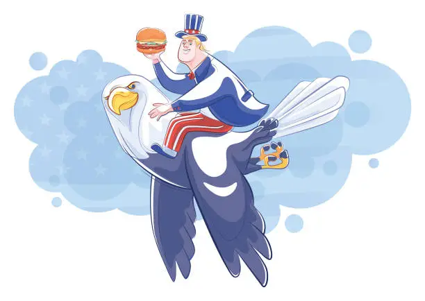 Vector illustration of man in Uncle Sam costume with bald eagle and hamburger