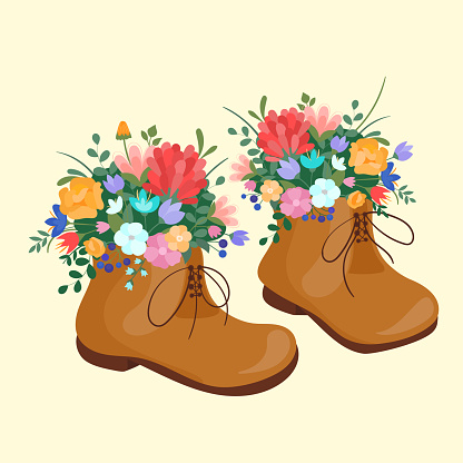 Vector illustration spring boots on laces with blooming bouquet spring flowers, cotton. Spring symbol flat style.