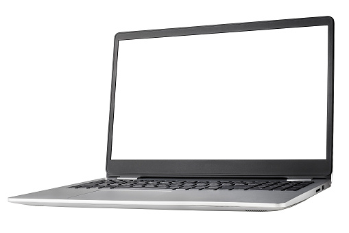 Modern laptop with blank black screen isolated on white background. High angle view.