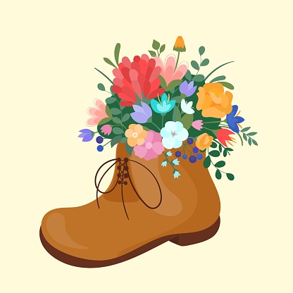Vector illustration spring boot on laces with blooming bouquet spring flowers, cotton. Spring symbol flat style.