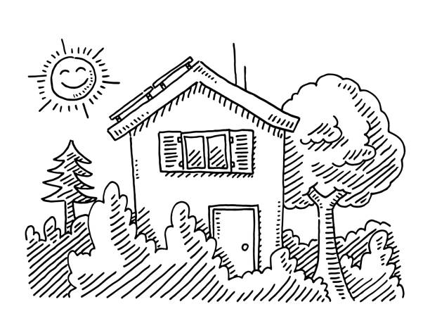 illustrazioni stock, clip art, cartoni animati e icone di tendenza di idilliaco edificio domestico sorridente disegno del sole - detached house illustrations