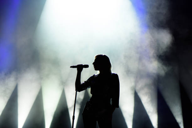 istock Vocalist singing to microphone. Singer in silhouette 1307912471