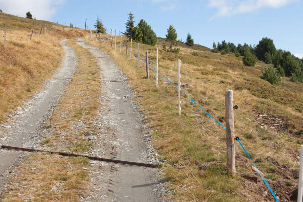 イタリアのドロミテの間でヴァル・ディ・フネスの高山の牧草地の長い二次山道 - country road fence road dolomites ストックフォトと画像