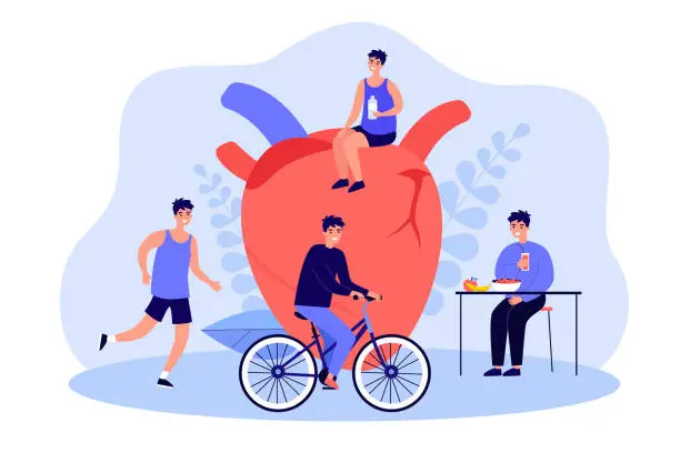 Vector illustration of Men people with healthy heart riding bike, drinking water