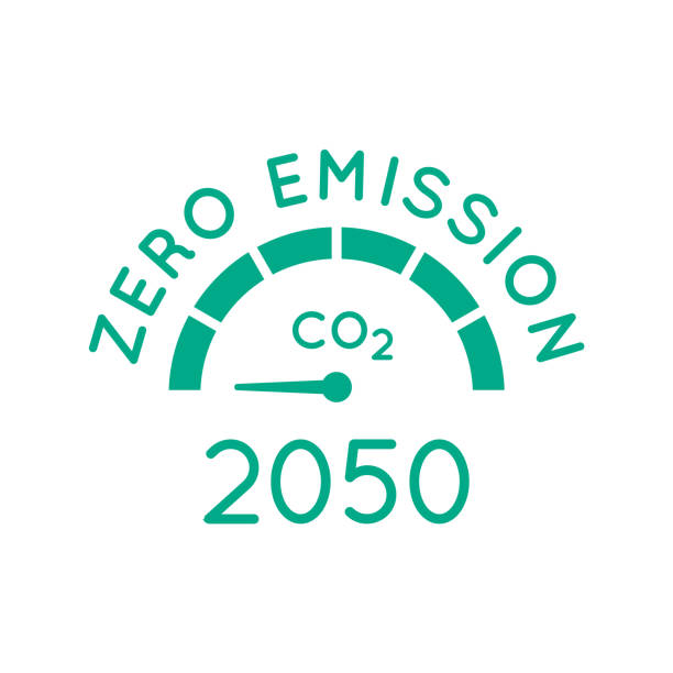 Zero emission by 2050. Gauge arrow set to zero. Carbon neutral. Net zero greenhouse gas emissions objective. Climate neutral long term strategy. No toxic gases. Vector illustration, flat, clip art. zero emission vehicle stock illustrations