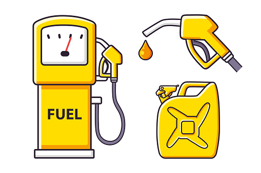 Petrol fuel pump isolated, nozzle with drop, jerry can gasoline canister. Gas filling station icons.