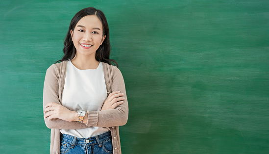 Portrait of smiling confident asian business woman in jeans suit office. Asian business girl. Startup successful power business leader executive people, teacher looking camera with copy space