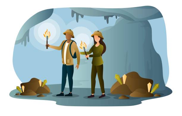 스펠레로지학자들이 거대한 지하 동굴을 탐험하고 있습니다. - 동굴학 stock illustrations