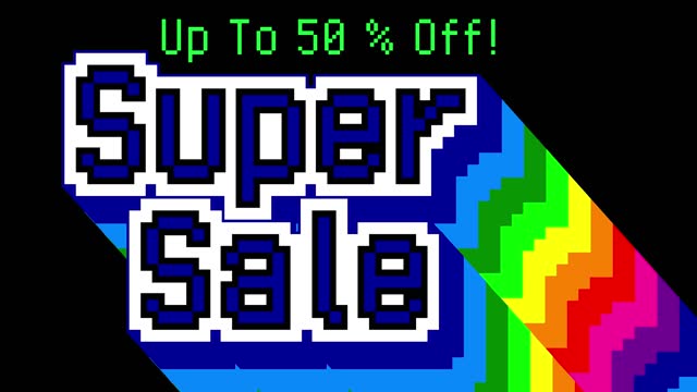 Pixel Art words on old computer screen. Super Sale. Up To 50% Off!